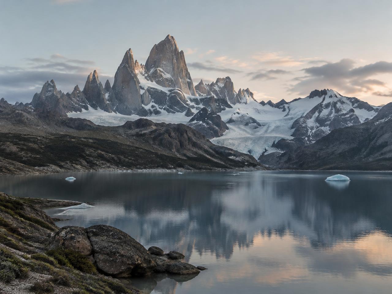 Mount Fitz Roy and a glacial lake in Patagonia